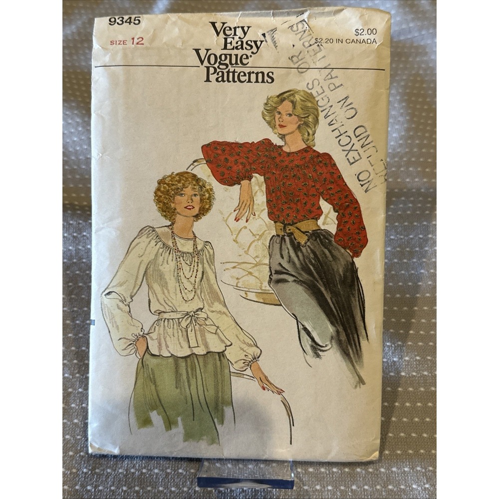 VINTAGE VOGUE#9437 WOMENS BOHO RAGLAN YOKED TOP BELT SZ 12‎ UNCUT SEWING PATTERN